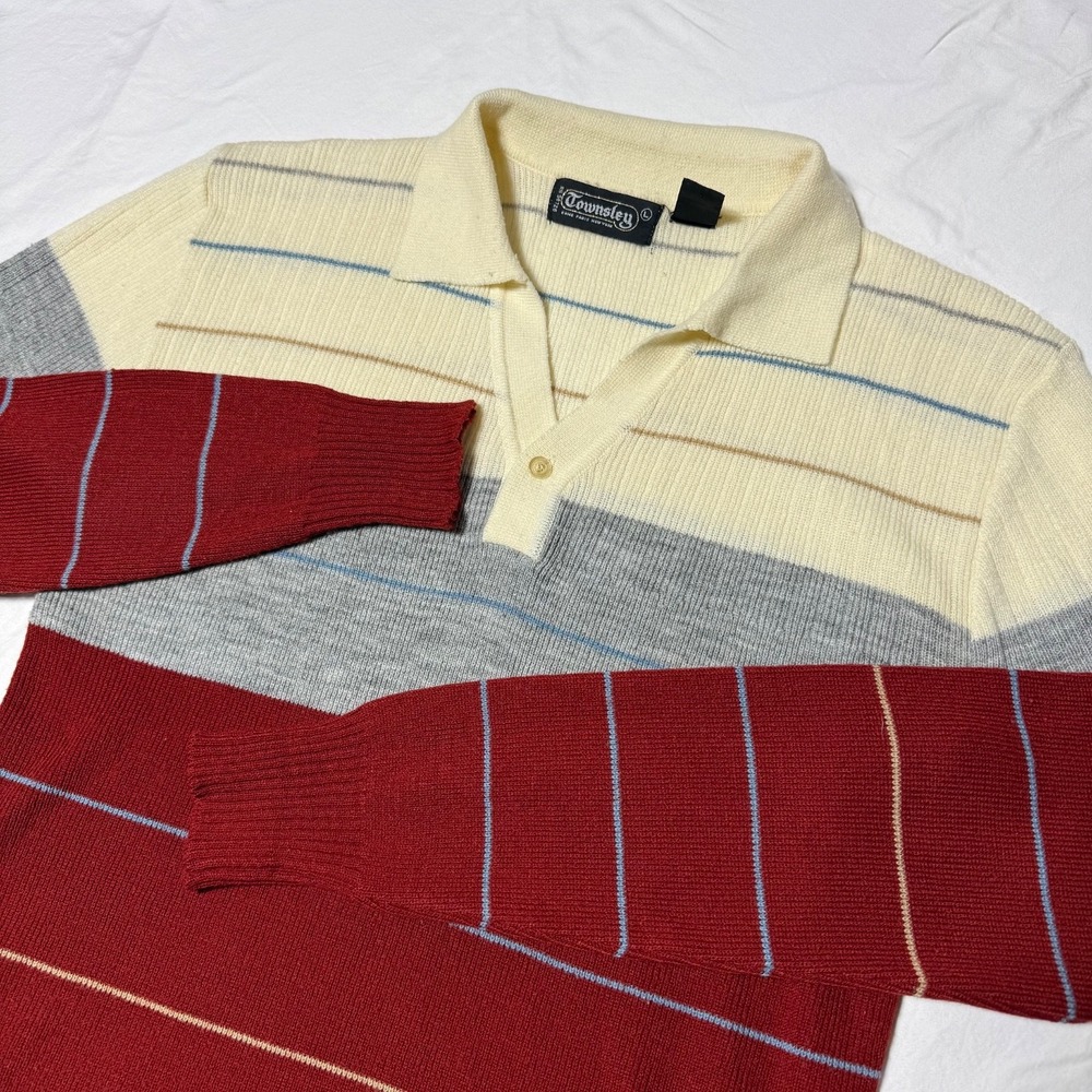 Vintage 70s Townsley V Neck Polo Sweater Mens Large Acrylic Color Block Striped